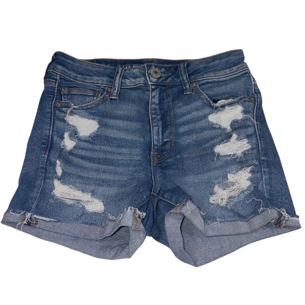 American Eagle Next Level Stretch Hi-Rise Shortie Distressed Denim Shorts Sz 4